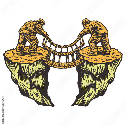 Unique Hand-Drawn Illustration of Two Individuals Building a Bridge