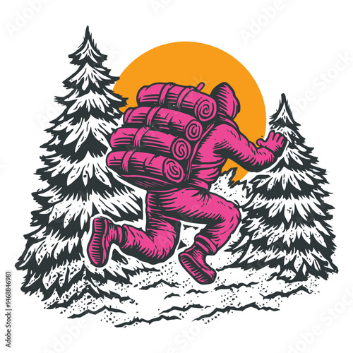 Vibrant Hand-Drawn Illustration of Hiker Among Pine Trees at Dusk