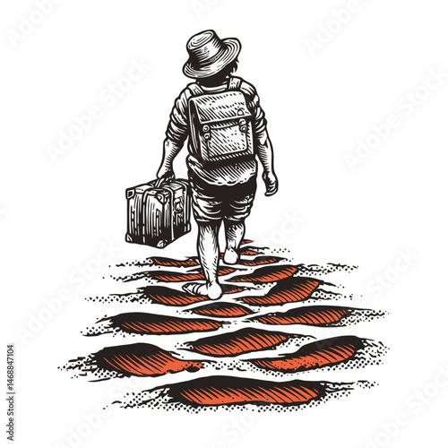 Hand-Drawn Illustration of Explorer Walking on Sandy Path