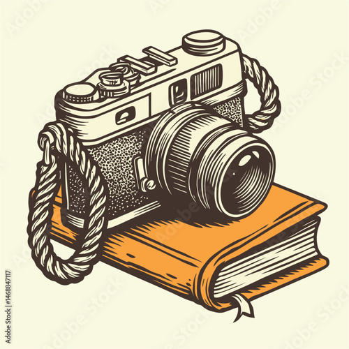 Vintage Camera with Book Hand Drawn Illustration in Retro Style