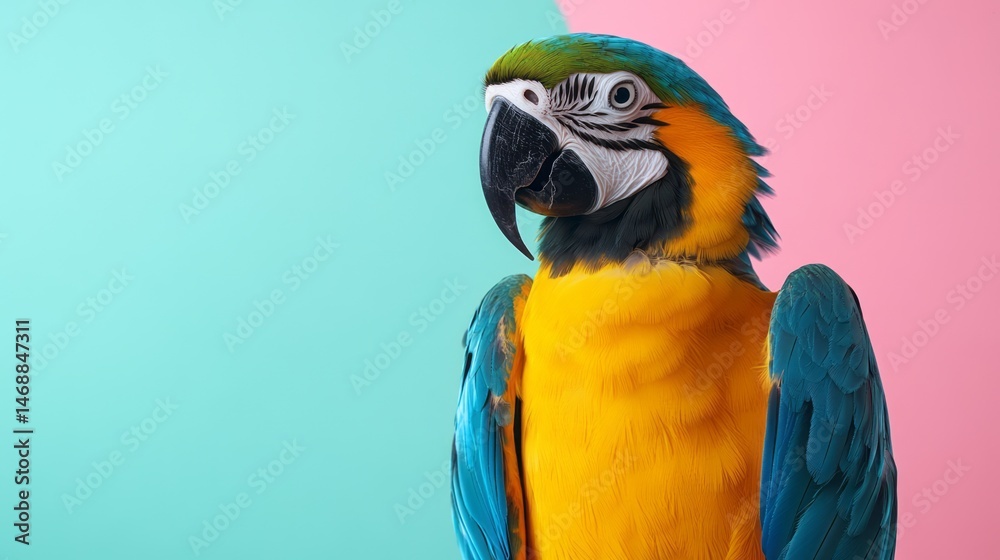 Fototapeta premium Vibrant parrot portrait against a backdrop of pastel colors.