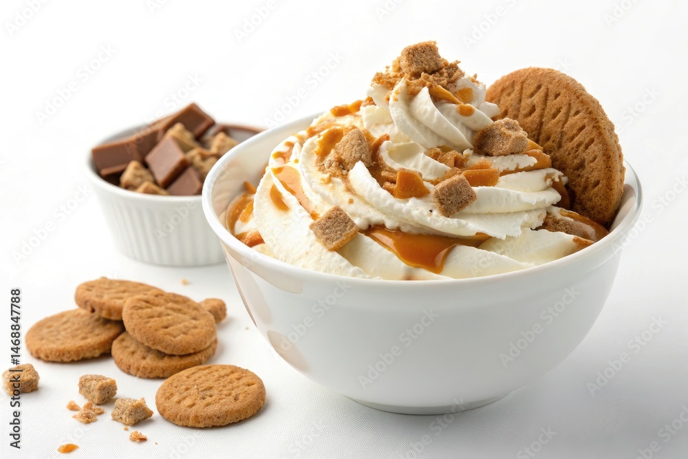 Whipped Cream and Caramel Dessert Served in a White Bowl Generative AI