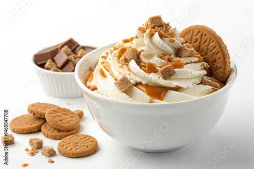 Obraz na płótnie Whipped Cream and Caramel Dessert Served in a White Bowl Generative AI w salonie
