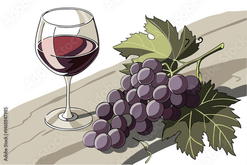 129 a detailed realistic digital painting of a glass of red wine and a bunch of dark purple grapes with green leaves, high quality, intricate details, vibrant colors, photorealistic, cinematic lightin