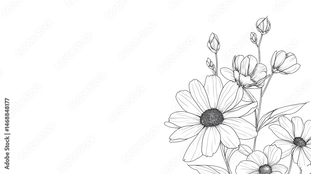 Naklejka premium Minimalist Black Line Art of Various Flowers (Daisy, Sunflower, Orchid)