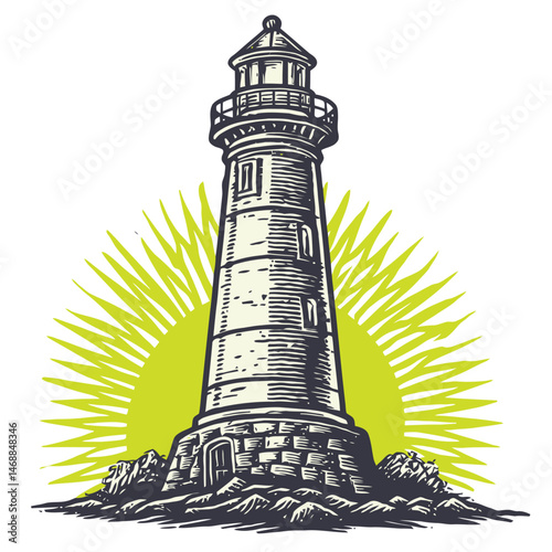 Hand-Drawn Lighthouse Illustration with Radiant Sun Background