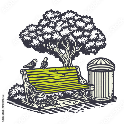 Hand-Drawn Illustration of Park Bench with Birds and Tree Scene