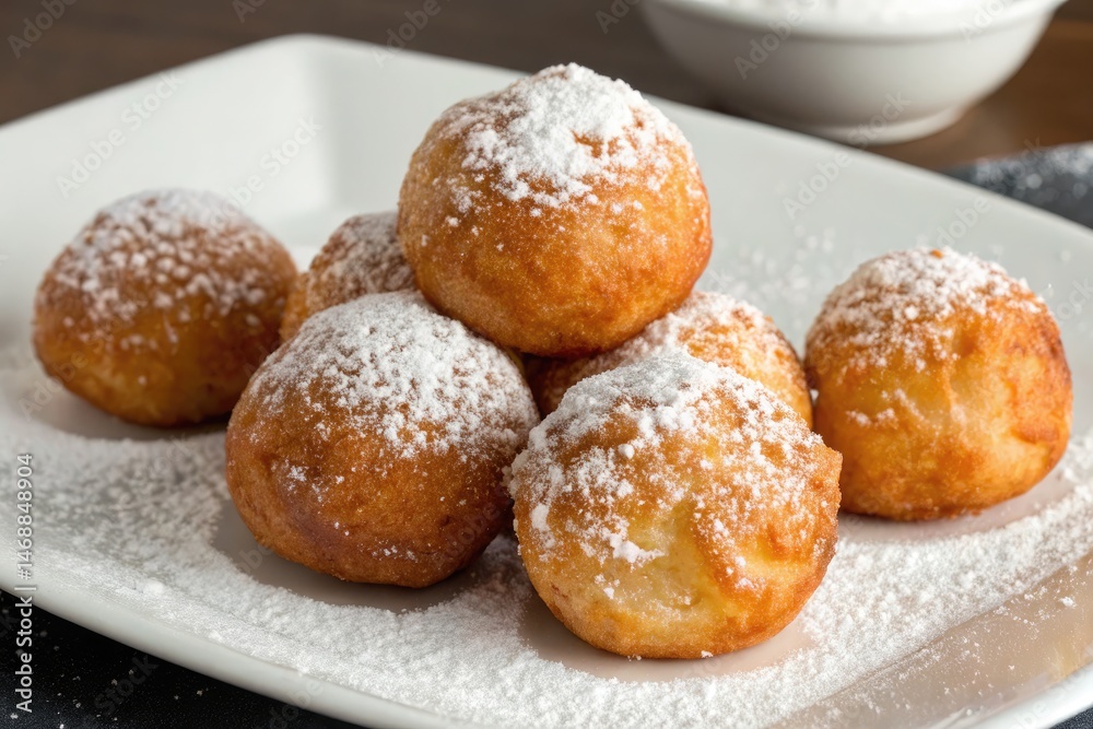 Yeast Dough Fritters Coated in Powdered Sugar Served Warm Generative AI