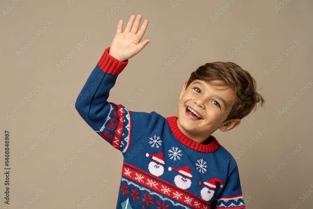 Young Boy Waves Cheerfully in Colorful Holiday Sweater Generative AI