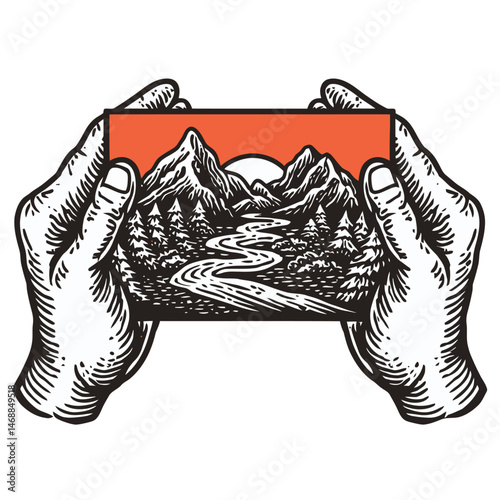 Hands Holding a Landscape Illustration in Bold Black and White Style