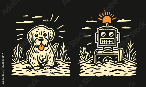 Creative Doodle Drawing of Dog and Robot on T-Shirt Design