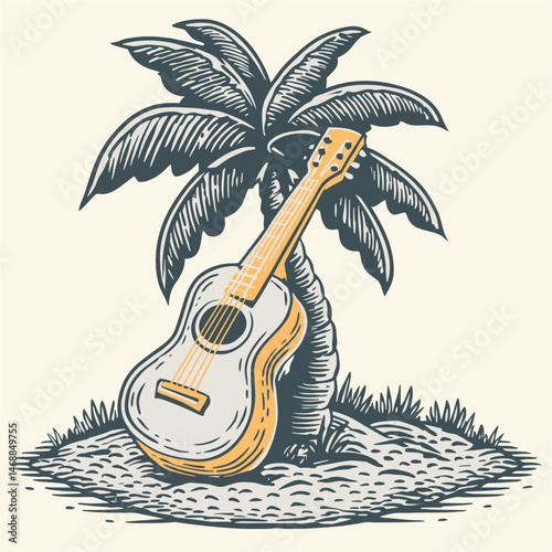 Hand-Drawn Illustration of Guitar Beside Palm Tree in Tropical Setting