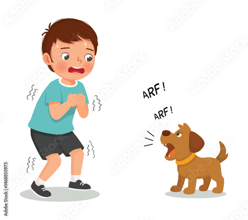 Little boy afraid of a dog barking make him shivering and trembling