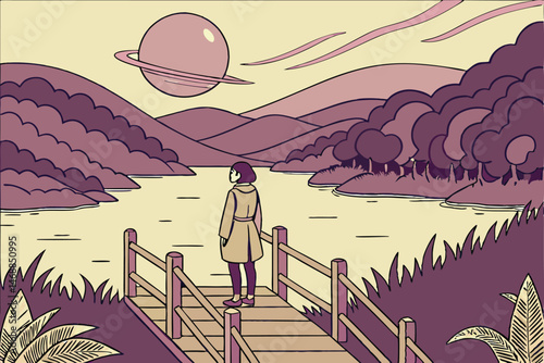 130 intricate digital illustration, stunning fantasy landscape, serene lake, wooden bridge, rolling hills, vibrant sunset, detailed foliage, mysterious orb, young woman standing, thoughtful expression