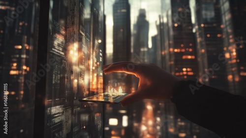 Smart city concept with real skyscrapers layout with glowing digital cloud technology icons on digital tablet screen that carrying businessman hand on blurry megapolis city background illustration , 