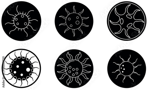 Abstract Sun and Virus Icon Set - Circular Sun with Virus Elements Design