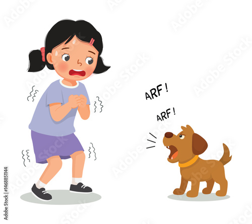 Little boy afraid of a dog barking make him shivering and trembling