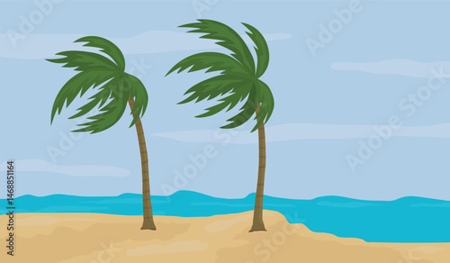 Strong wind blowing the palm trees in windy day on the beach