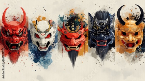Japanese Demon Masks.  A collection of stylized, colorful masks