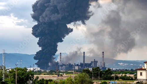 Wallpaper Mural Industrial Plant Fire: Black Smoke Billowing Over Landscape Torontodigital.ca