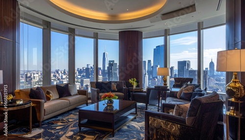 Luxurious business lounge with dark wood tones and brass accents