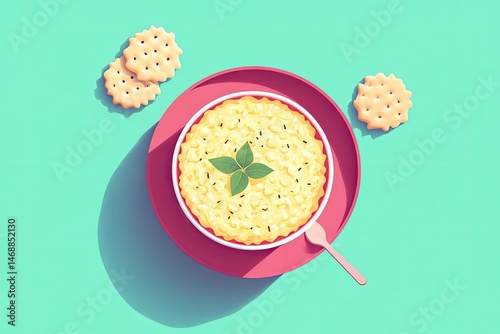 yellow food bowl with crackers on pink plate clip art preview