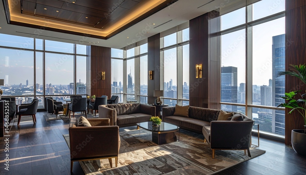 Naklejka premium Luxurious business lounge with dark wood tones and brass accents