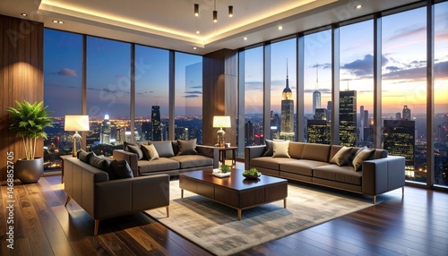 Luxurious business lounge with dark wood tones and brass accents