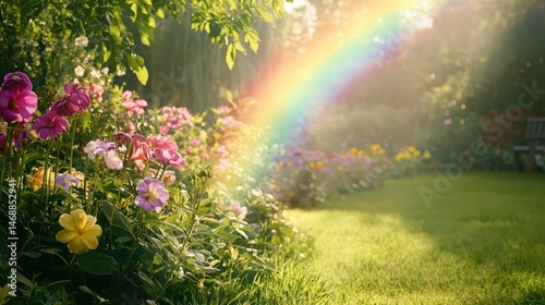 A garden with thick, green grass and blooming flowers, the double rainbow casting a soft glow over the entire scene.