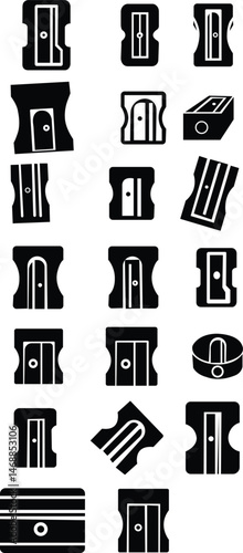 Simple graphic outline of a pencil sharpener showing the opening and blade, black color, isolated symbol, school equipment, tool. on a transparent background, isolated on transparent background