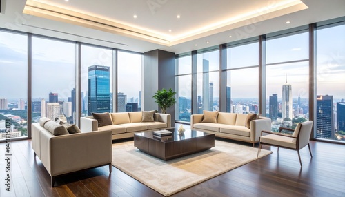 Luxurious business lounge with dark wood tones and brass accents