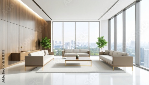 Luxurious business lounge with dark wood tones and brass accents