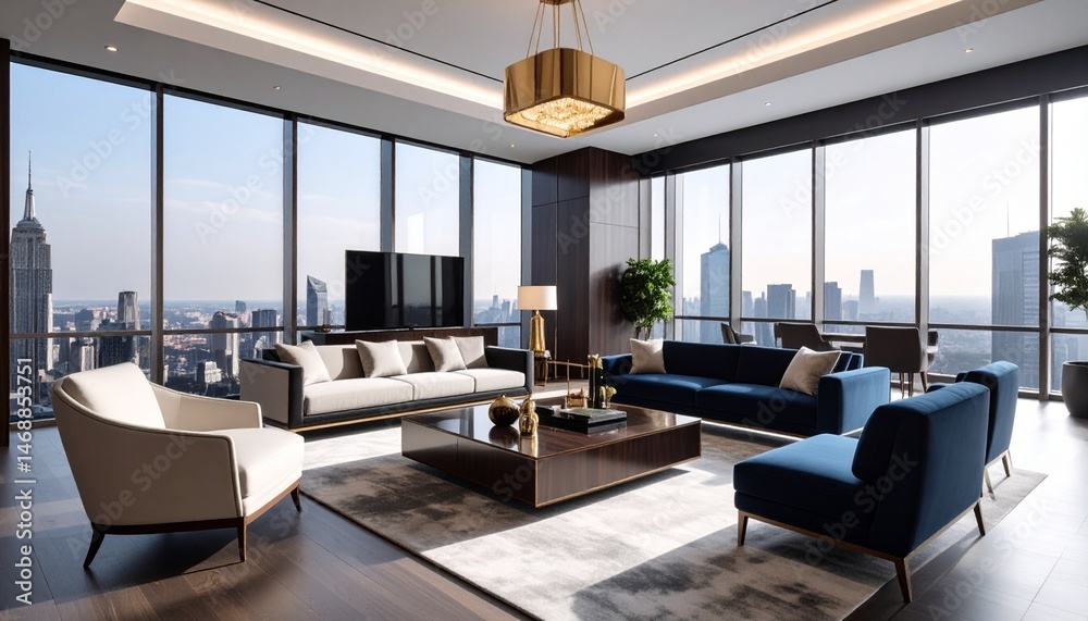 Fototapeta premium Luxurious business lounge with dark wood tones and brass accents