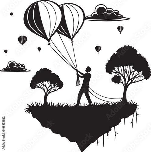 Surreal Floating Island with Man Holding Hot Air Balloons in a Dreamlike Landscape