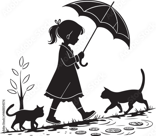 Silhouette of Girl Walking with Umbrella and Cats on a Rainy Day