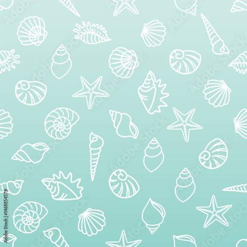 Seamless pattern of various seashells and starfish in white outlines on a light green background, often used for backgrounds, textiles, and other decorative purposes. 