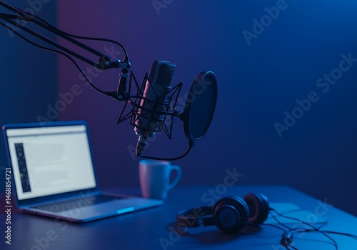 Set in a blue and purple ambiance, a condenser microphone stands ready for use next to a laptop displaying audio editing, accompanied by black headphones and a white mug in a recording studio context