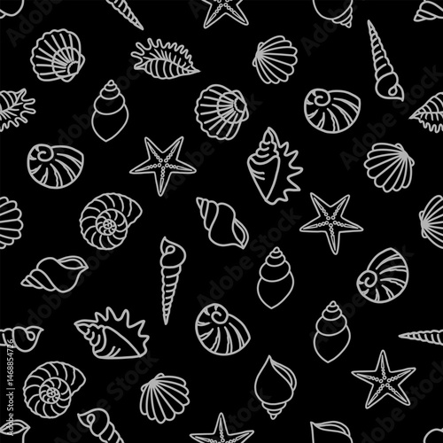 Seamless pattern of various seashells and starfish in light gray outlines on a black background, often used for backgrounds, textiles, and other decorative purposes. 