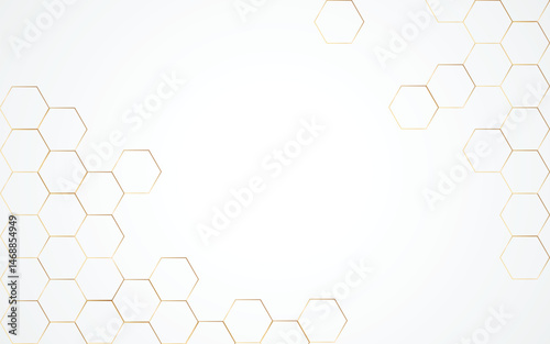 Abstract vector background pattern featuring scattered hexagonal shapes with a golden outline on white. Clean modern geometric design for technology, science, or digital themes.