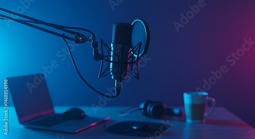 In a modern, tech-focused space lit with blue and purple hues, a condenser microphone on a boom arm stands ready for recording, accompanied by a laptop and headphones