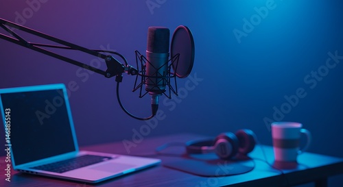 A condenser microphone mounted on a boom arm takes center stage in a blue and purple lit studio, with a laptop displaying audio waveforms and black headphones nearby, ready for recording.