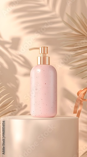 Pink Soap Dispenser with Gold Pump on Beige Minimalist Display