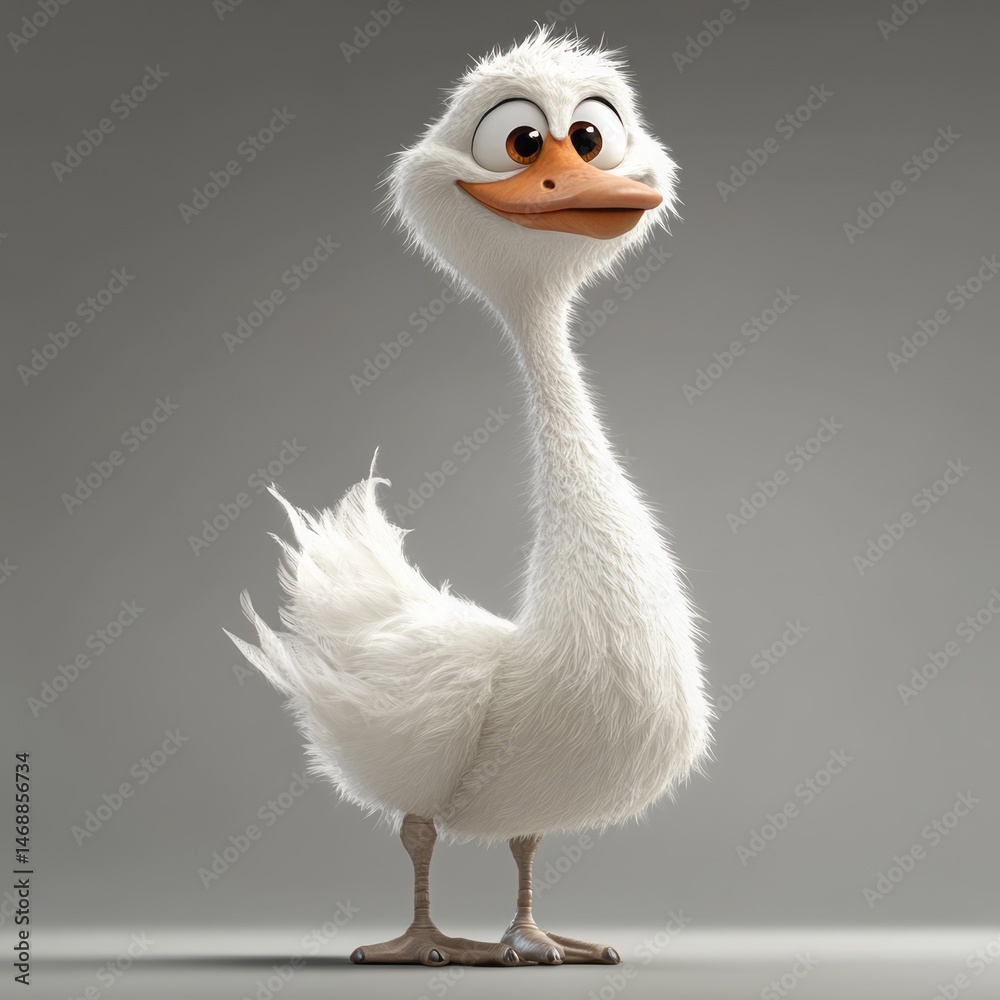 Fototapeta premium Fluffy, cartoon duck with an expressive face, rendered digitally.