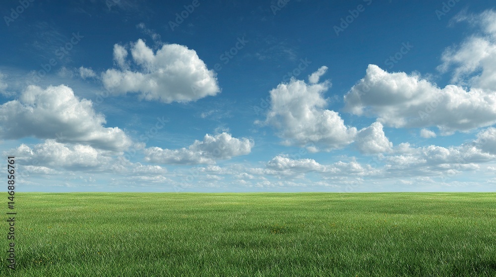 Fototapeta premium Expansive Grassy Field Under Bright Blue Sky with Fluffy Clouds
