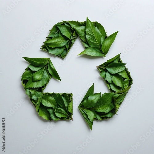 Green leaf recycling symbol: image shows a recycling sign formed from fresh green leaves on a light gray background, symbolizing ecological awareness, naturalness, and the organic aspect of recycling.