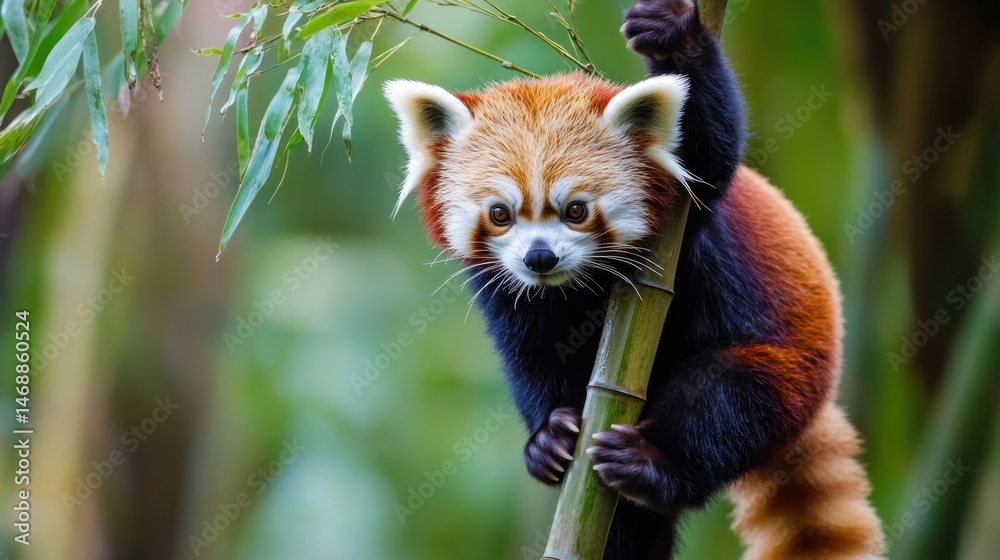 Charming red panda clinging to bamboo stalk in lush green habitat setting Charming red panda clinging to bamboo stalk in lush green habitat setting