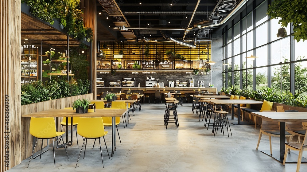 Naklejka premium Modern cafe interior with a focus on green decor, tables, and chairs arrangement