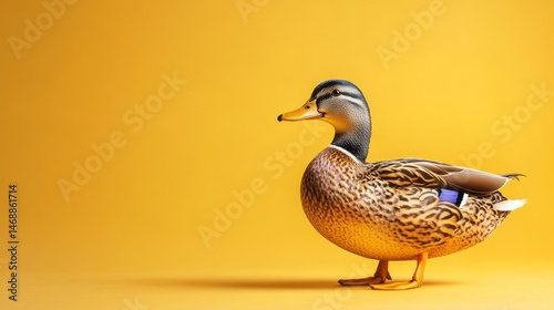 Side view of a duck against a vibrant yellow backdrop.
