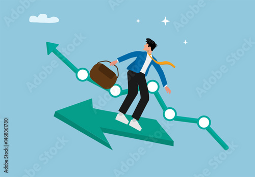Businessman Standing on Growing Arrow Chart. Representing Business Success, Economic Growth, Career Progress, and Marketing Strategy