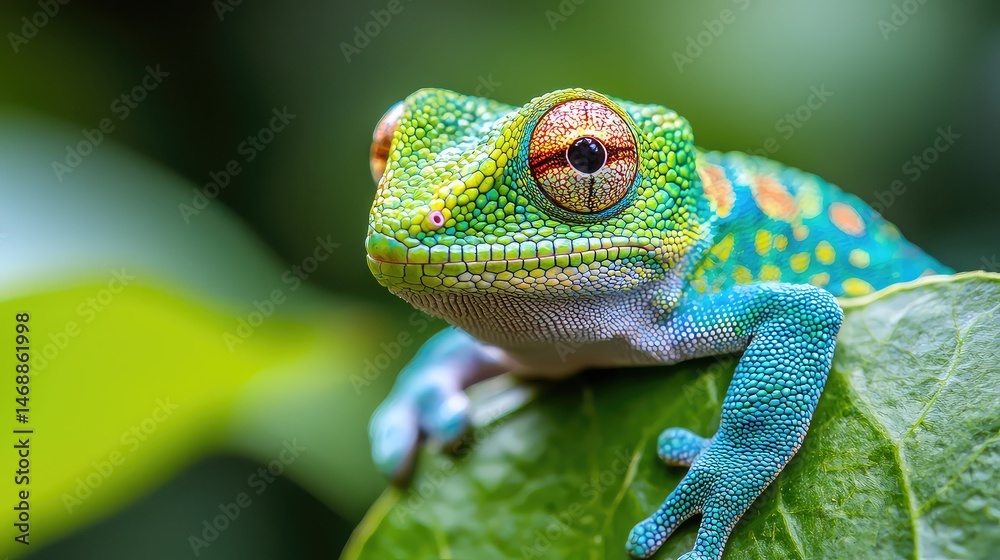 Fototapeta premium Vibrant Chameleon Resting on Green Leaf Displaying Turquoise Lime and Orange Color Pattern Under Bokeh Background